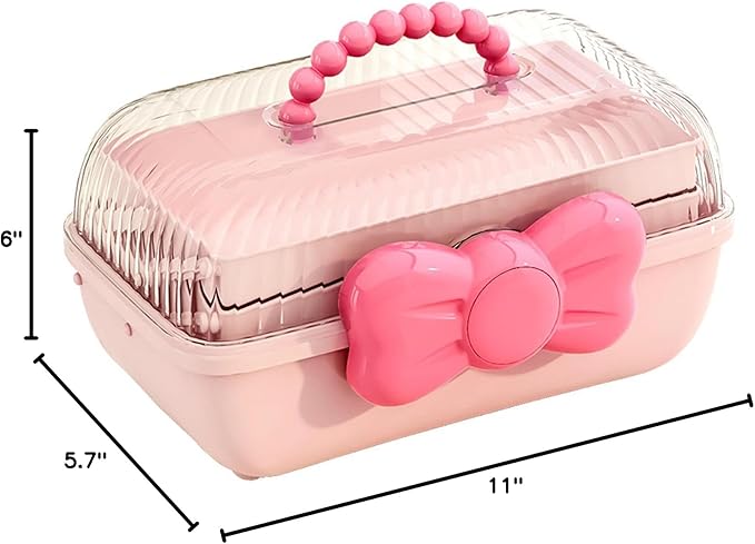 Cute Girls Hair Accessories Storage Box Bow Switch Organizer Box Jewelry Box | Kids Hair Accessories Organizer | 3 Layers Foldable Storage Box with Handle Plastic Makeup Jewelry Holder (Pink)