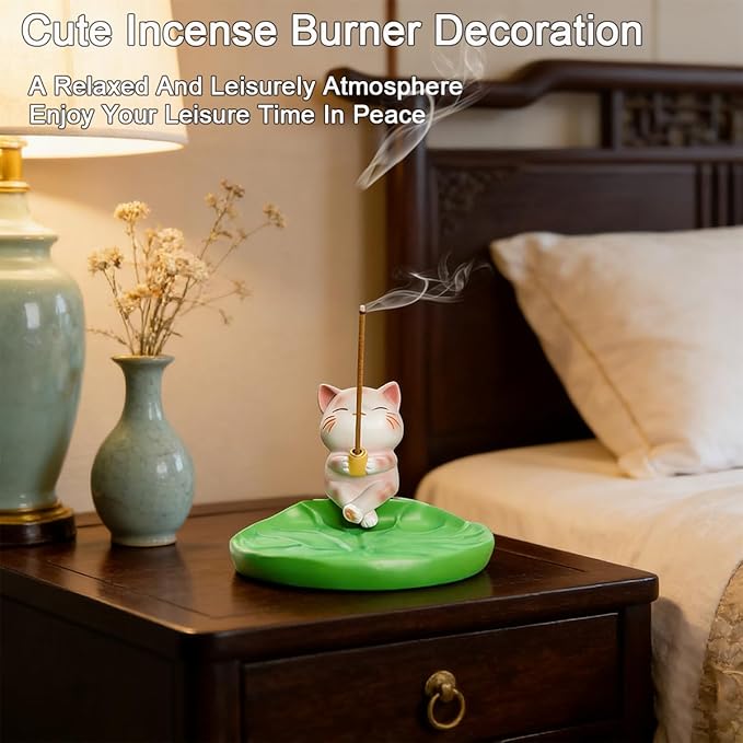 Cute Cat Incense Holder Animal Figurine Incense Burner Ash Catcher Creative Cartoon Resin Cat and Green Lotus Leaf Base Statue for Home Room Decor Meditation Yoga Spa
