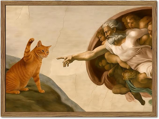 Funny Creation of Adam and Cat Wall Art, Whimsical Cat and God Wall Decor Painting Quirky Michelangelo and Animal Poster Canvas Print for Bedroom Living Room 12x16 inch Wood Framed