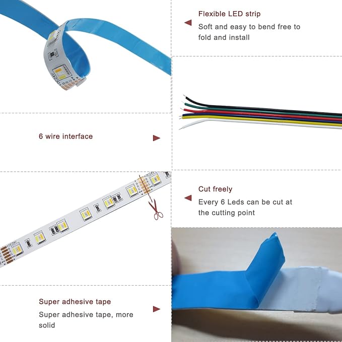 24V 5 in 1 LED Strip Lights RGB + CCT, RGB + White + Warm White (2800K to 6500K) RGBCW 5M Mixed Colour Adjustable Light Strips IP20 300 LEDs for Bedroom, Kitchen, Advertising Decoration
