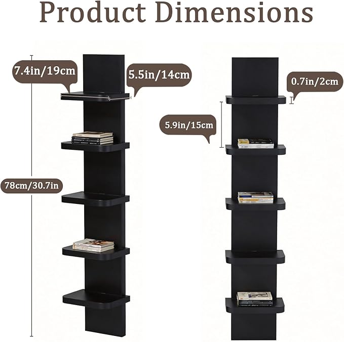 Versatile 5 Tier Wall Shelf Unit, Floating Shelves for Wall (Round Corner), Vertical Lack Wall Shelf for Bedroom, Vanity, Living Room, Home Decor Makeup Organizer Display, Black