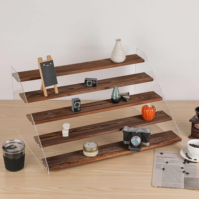 2 PACK Extra Large 5 Steps Display Shelf Stand 24*17*12 inches Clear Acrylic Riser Shelves Wood Acrylic Storage for Figure Collection Cupcake Desserts Holder Cologne Organizer for Men (Brown)