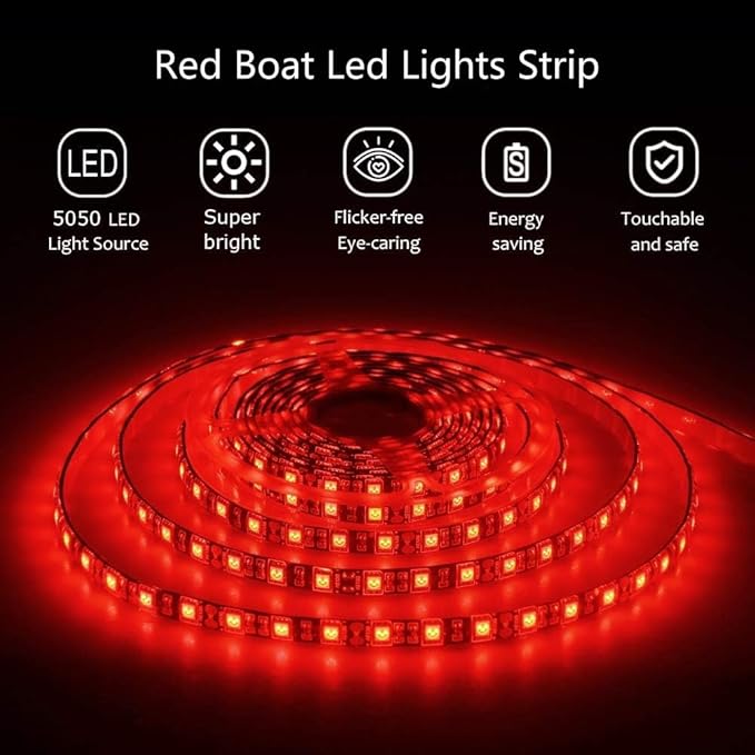 Pontoon Boat LED Strip Lights, 12V 32.8FT Red Waterproof Marine LED Light Boat Interior Light, Boats Deck Hull Gunnel Lights, Night Fishing Lighting for Bass, Jon, No Battery