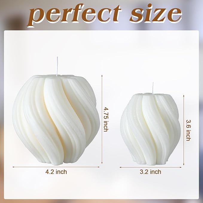 MTLEE 2 Pcs Spiral Swirl Candle Large Aesthetic Pillar Scented Soy Wax Twirl Elegant Decorative Candles Beautiful Housewarming Gift for Home Room Bedroom Shelf Decor(White)