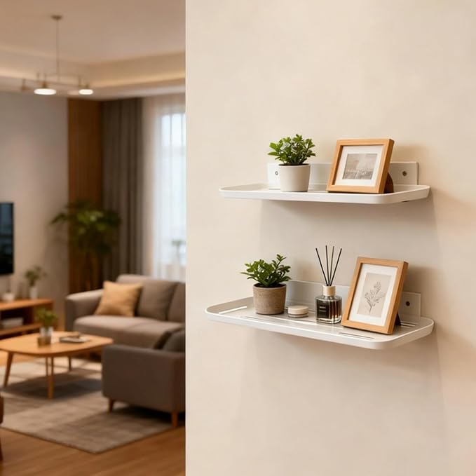 Wall Mounted Floating Shelf, Self Adhesive Shelf, No Drill Adhesive Wall Shelf, Floating Shelves Damage-Free Expand Walls Space for Living Room Kitchen Bathroom (2, White)