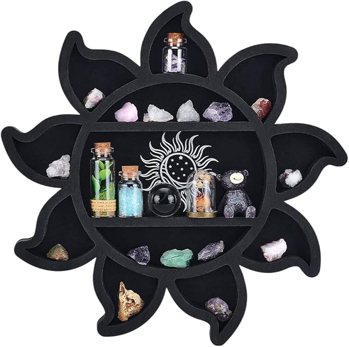 peacoblue Sun Flower Crystal Display Shelf Wall - 11.8×11.8×1.12" Wooden Wall Decor Art Hanging Case with 3-Layer Crystals Gem Stone Storage Organizer for Boho Witchy Home Decor or Modern Interiors
