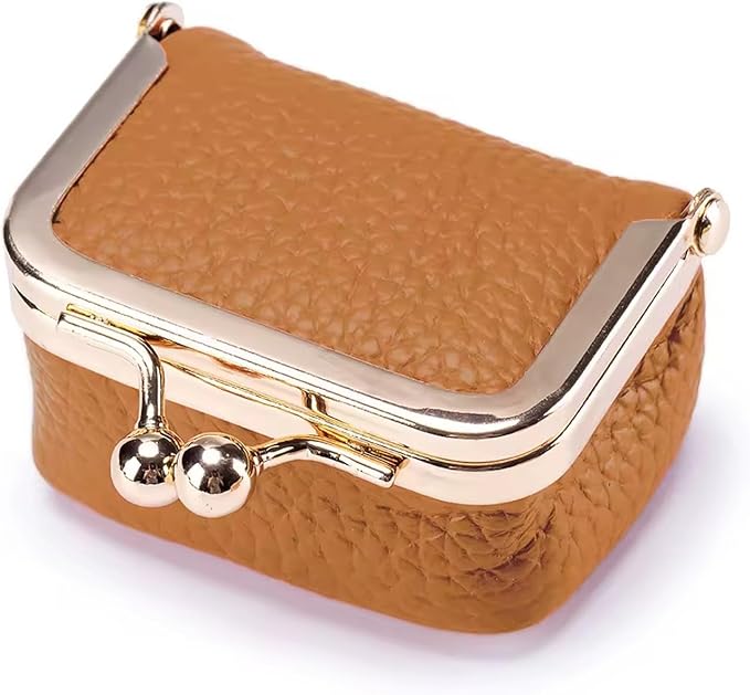 Genuine Leather Mini Jewelry Box for Women, Square Coin Purse with Kiss Lock, Jewelry Organizer Travel Case (Small, Caramel)