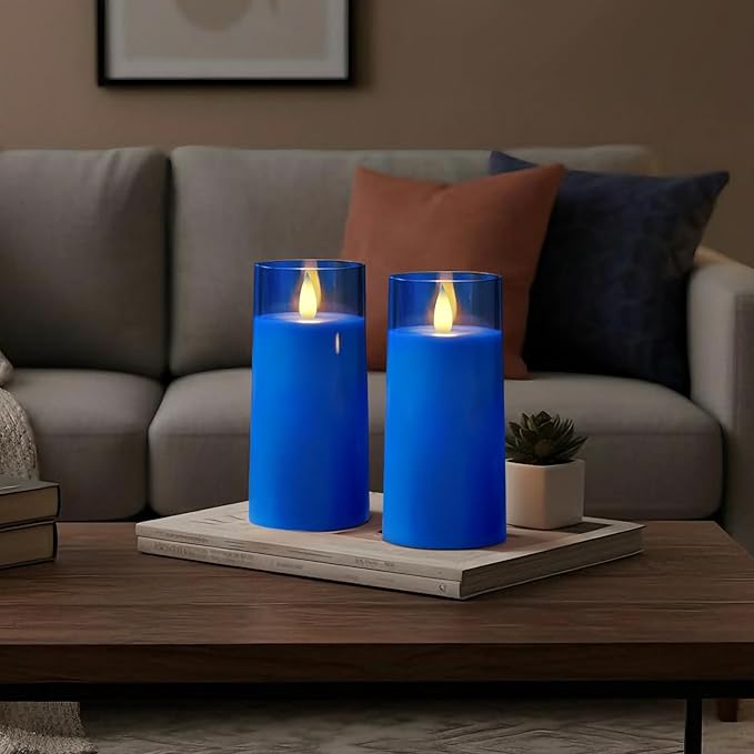 Raycare Flameless Electronic Pillar Candles with Remote Control and Timer- Battery Operated Realistic Flickering LED Fake Candle for Home, Wedding, Valentine's Day Decor,Blue,Set of 2(3"x6"6")