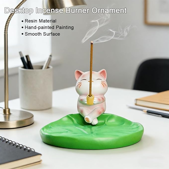 Cute Cat Incense Holder Animal Figurine Incense Burner Ash Catcher Creative Cartoon Resin Cat and Green Lotus Leaf Base Statue for Home Room Decor Meditation Yoga Spa