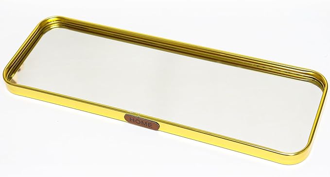 Luxury Mirrored Vanity Tray, Large Rectangular Stainless Steel Perfume Organizer, Gold Glass Mirror Decorative Tray for Makeup, Jewelry, Dresser, Bathroom Countertop (Gold)
