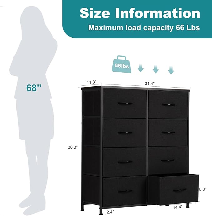 OLIXIS 8 Drawer Dresser for Bedroom, Wide Fabric Storage Tower with Wooden Top and Metal Frame, Closet Chest Organizer Furniture, Living Room Hallway, Black