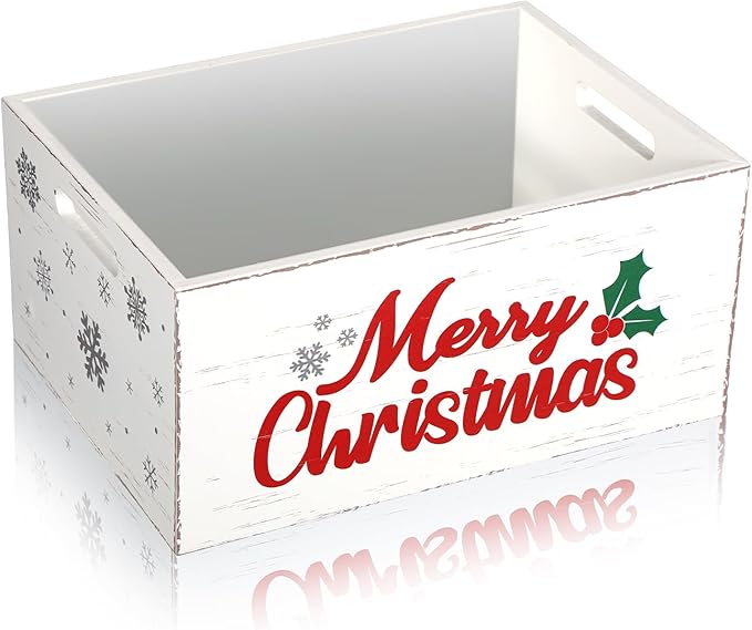 Namalu Christmas Hot Cocoa Bar Storage Box Wooden Crate with Handles Hot Cocoa Decorative Rustic Farmhouse Wood Basket Christmas Wood Storage Bins Organizer Bucket for Xmas Candy Dish Home(White)