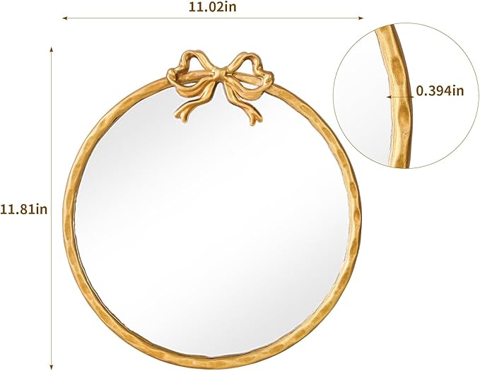 12 Inch Round Gold Mirror, Vintage Gold Mirror, Round Mirrors for Wall Decor, Antique Ornate Metal Circle Mirror with Baroque Bow for Bathroom Vanity Bedroom, Spring Women's Gift