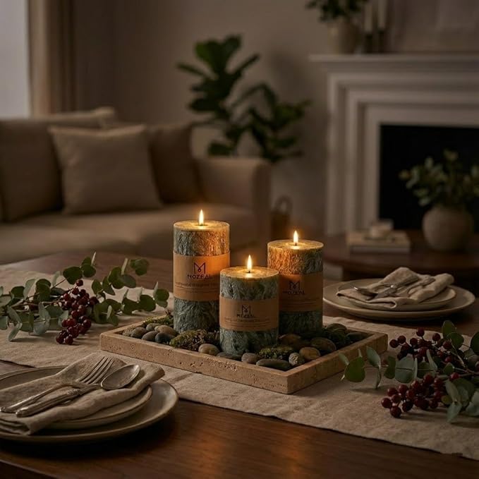 MOZEAL Hand-Poured, Unscented Green Crystal Pillar Decorative Candles, Elegant Set of 3 in Different Sizes (3"x4", 3"x5", 3"x6"), Luxurious Décor for Christmas Homes & Events