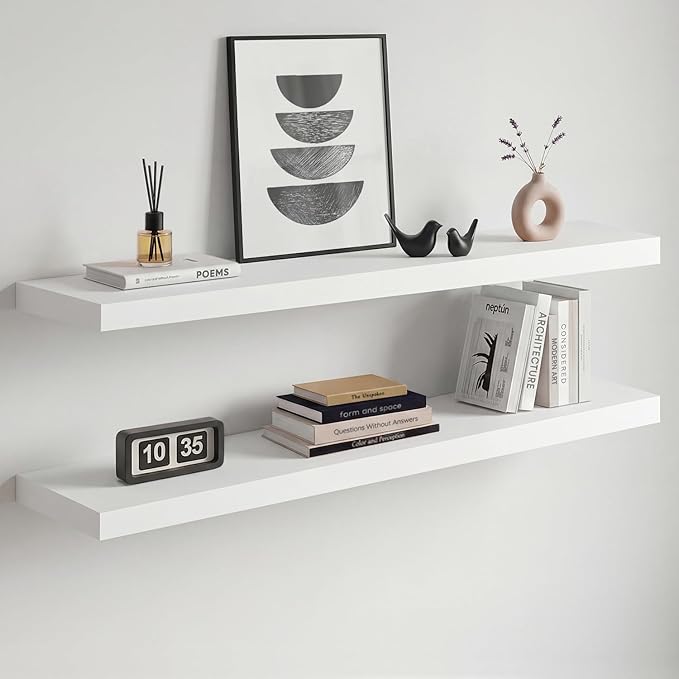 Homeforia White Floating Shelves 36 inch, High End Solid Real Wood 36inch Floating Shelf for Wall Mounted, White Wooden 36in Long Floating Shelves, Heavy Duty Bracket, 36 X 6.5 X 1.75 inches, Set of 3