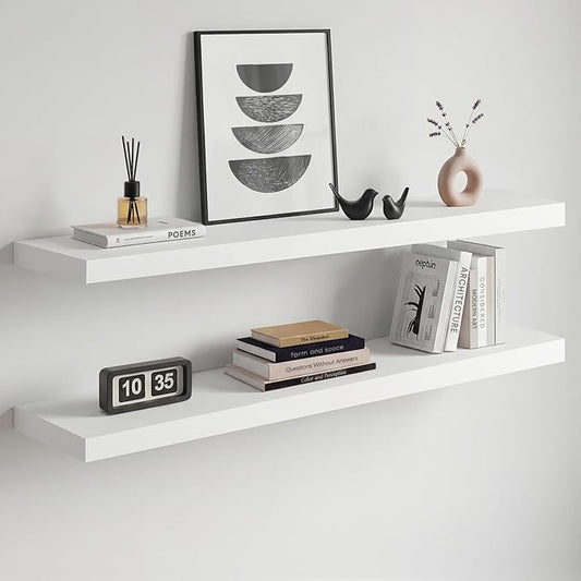 Homeforia White Floating Shelves 36 inch, High End Solid Real Wood 36inch Floating Shelf for Wall Mounted, White Wooden 36in Long Floating Shelves, Heavy Duty Bracket, 36 X 6.5 X 1.75 inches, Set of 3