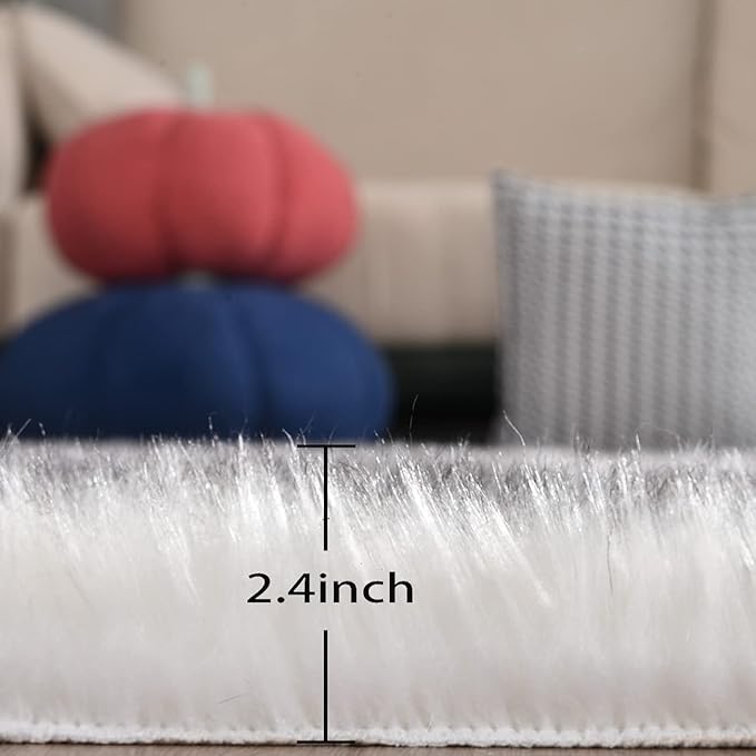 ORINOVA White and Gray Furry Carpet for Bedroom Fuzzy Faux Sheepskin Washable Fur Area Rugs for Living Room Rug 4x6 Rectangle Nursery Rug