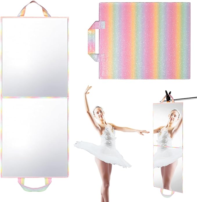 Foldable Full Length Mirror, Hanging Wall Mirror Portable Travel Mirror with Handle for Dance Home Bedroom Wardrobe Stage Makeup Checks Camping Outdoor Use (32.2" L x 12.5" W, Bi-Fold)