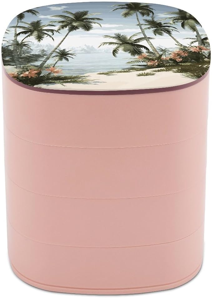 Tropical Palm Trees Jewelry Box 360°Rotating Storage Boxes Small Travel Earring Organizer with 4-Layers Rotatable Jewelry Storage Organizer for Ring Necklaces Makeup