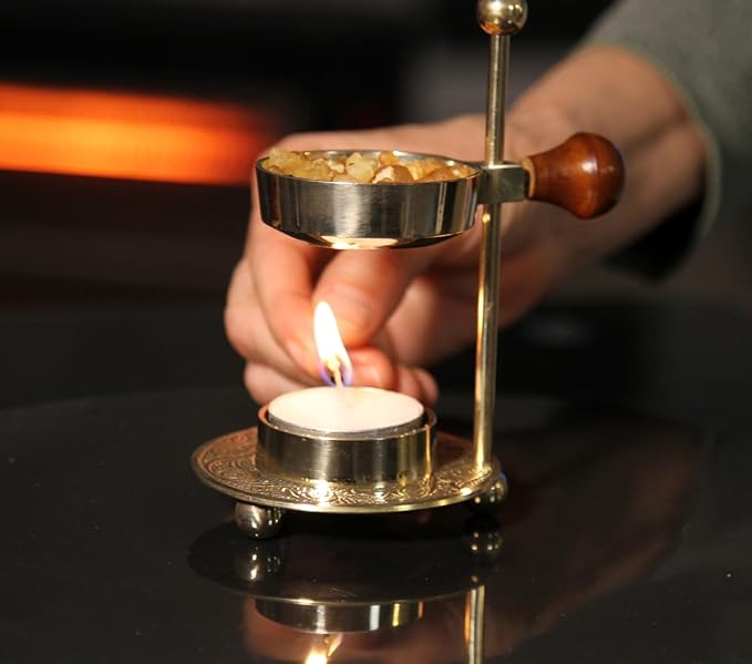 Resin Incense Burner – Dual Use Tea Light or Charcoal Heated | Adjustable Brass Design for Frankincense, Myrrh & Copal | Spiritual Gift for Home Fragrance