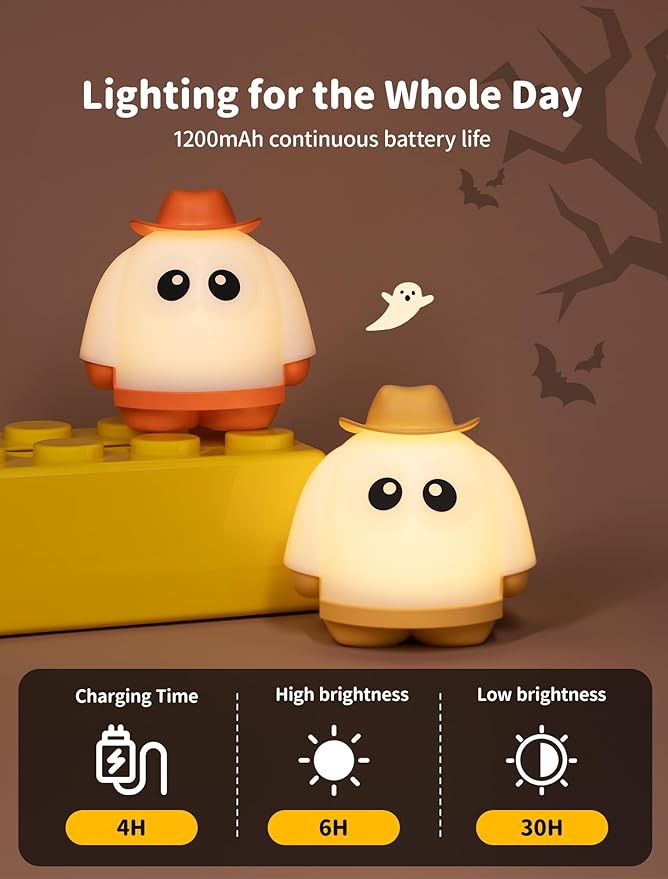 Ghost Night Light, Rechargeable Bedside Lamp, Portable Sleep Nightlight, Dimmable Night Lamps, Cute Nursery Lamp, Funny Gifts for Kids Teens Adults(Yellow)