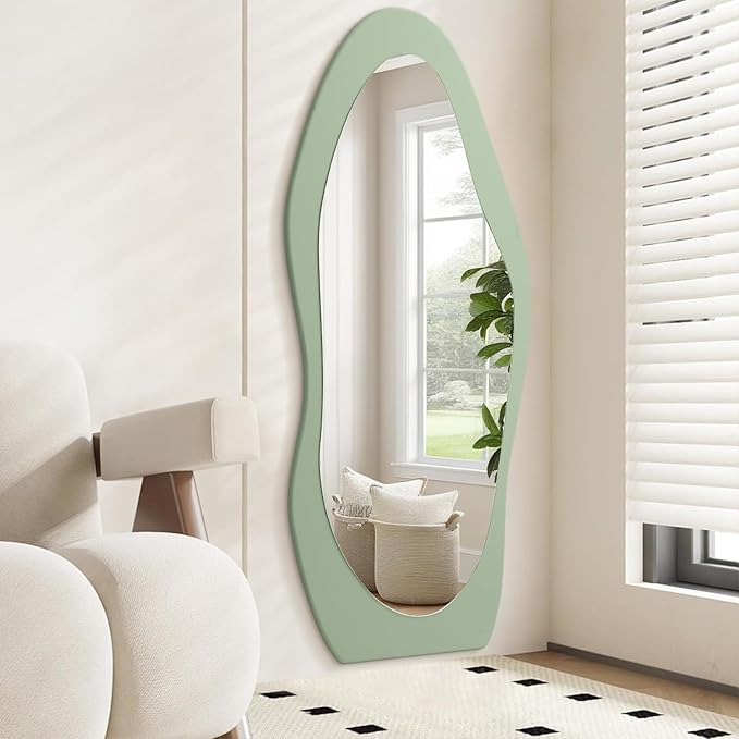 Full Length Mirrors Large Irregular Wavy Mirror Wood Full Body Standing or Wall Mounted Mirror for Living Room Bathroom Bedroom Entryway Decor