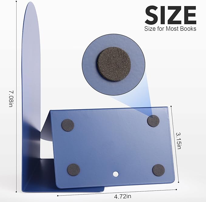 Metal Book Ends for Shelves - 6Pcs Bookends for Heavy Books Non-Skid Decorative Book Stopper to Hold Books/CDs for Home Office School and Desktop Organizer, Dark Blue