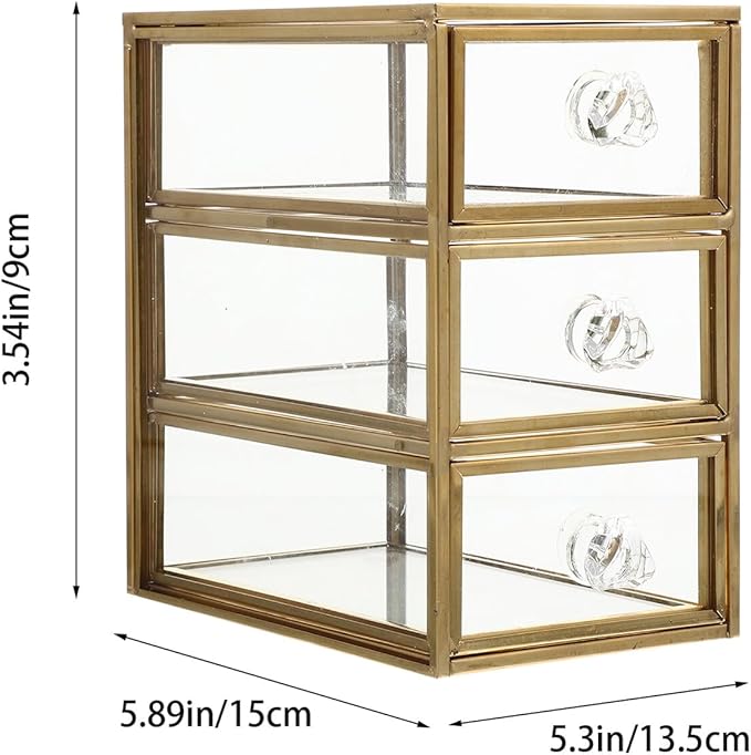DOITOOL Drawer Jewelry Storage Box with Alloy Frame Transparent Glass Display Case for Small Accessories Versatile Makeup and Office Organizer Space-saving Compact Design for Home and Dorm