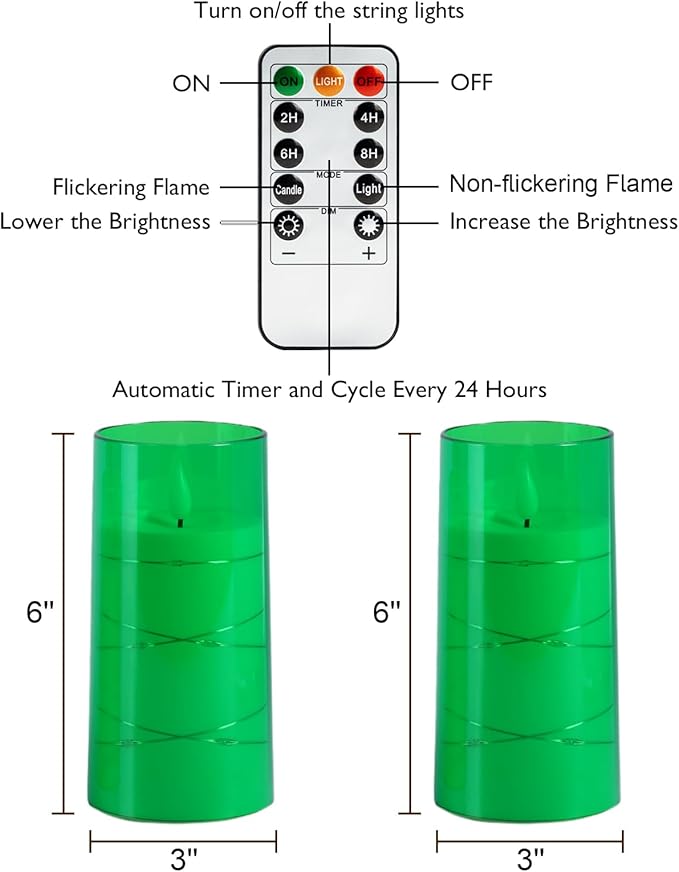 Homemory St. Patrick's Day Flameless Candles with Embedded Star String Fairy Lights, Green Battery Operated Candles, LED Candle, Fake Candles with Remote Control and Timer, Set of 2(H 6" 6")