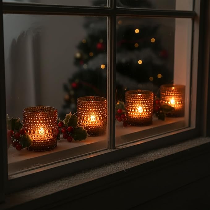 24pcs Amber Votive Candle Holders for Table, 2x2.5in Vintage Glass Small Tea Light Candles Holders for Home Decor, Tealight Candle Holder Decor for Wedding Centerpieces Baby Shower