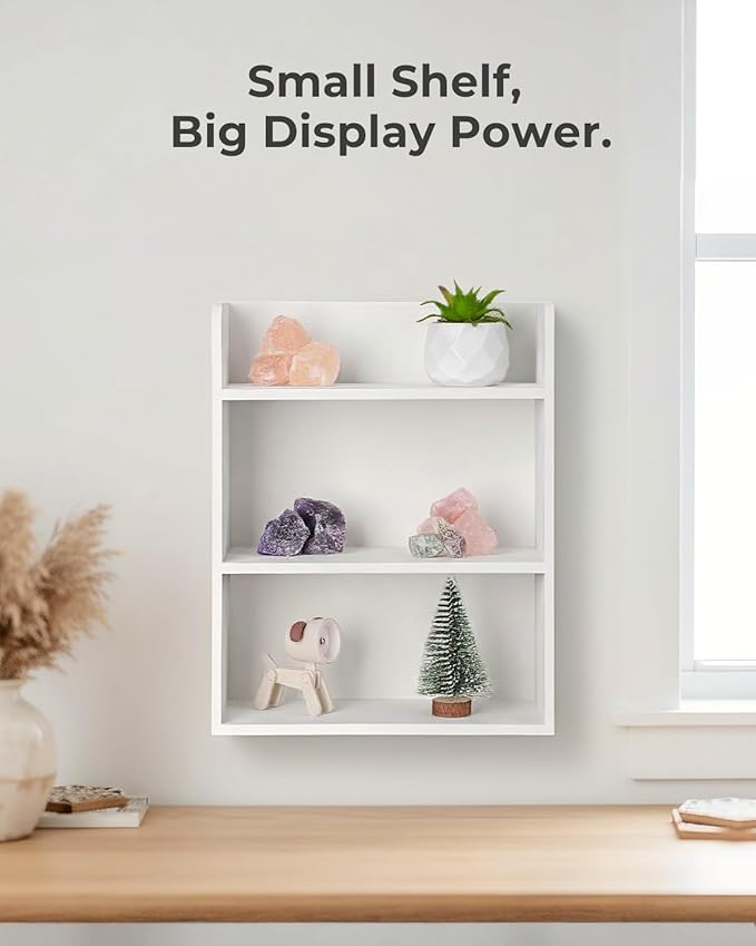 3-Tier Trinket Shelf, Small Display Shelf for Wall or Countertop, Wooden Knick-Knack Shelves for Collectibles, Perfume & Crystal Storage, White