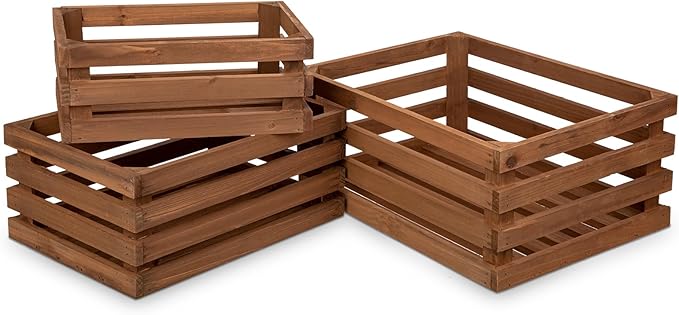 Set of 3 Nesting Wooden Storage Crates - Large Rustic Wooden Storage Crates for Display Brown Wood Container Boxes Wood Baskets for Farmhouse Flower Stand Display Rack for Shops Exhibitions Home Decor