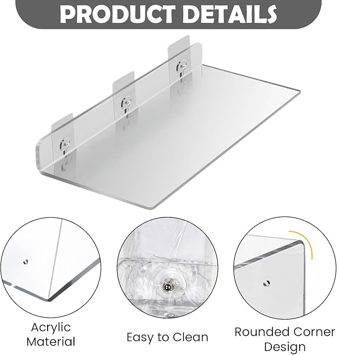 Haploon 4 Pcs 12 Inch Clear Acrylic Floating Shelves Wall Mounted Shelves Invisible, L-Shaped Acrylic Shelf Clear Floating Shelf for Wall Storage, Makeup Plant Photo Book Display