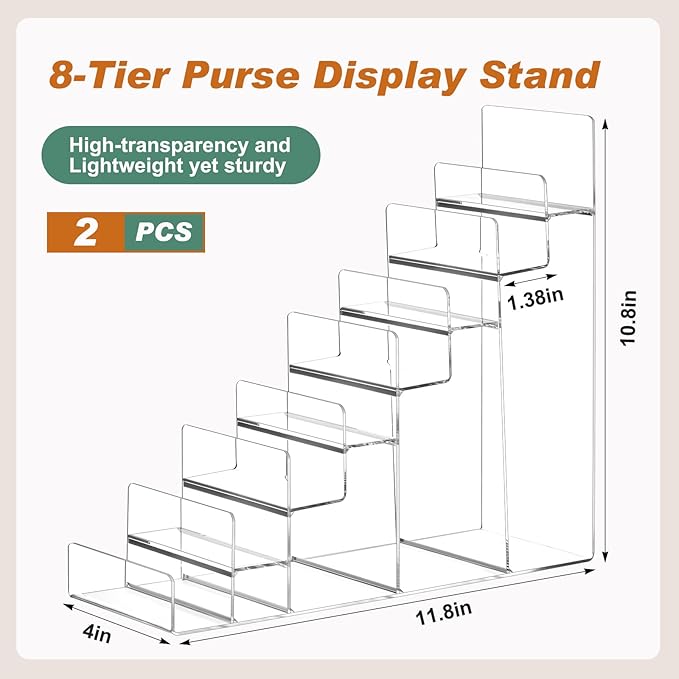 Kathfly 2 Pack 8-Tier Acrylic Wallet Display Stand Clear Purse & Handbag Organizer Riser Shelf for Perfume, Sunglasses, Cosmetics, Jewelry Vendor Display for Craft Fairs, Retail