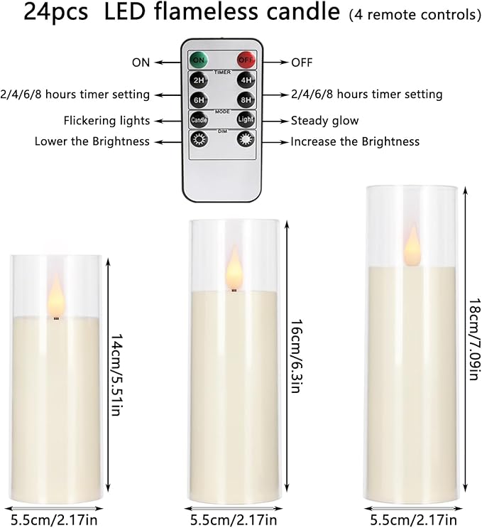 YOROXRG Flickering Flameless Candles Battery Operated with Remote,Led Pillar Candles with Realistic Moving Wick Candles for Halloween,Christmas,Home Decor Pack of 24 (D2.2 xH 5" 6" 7")(Ivory)