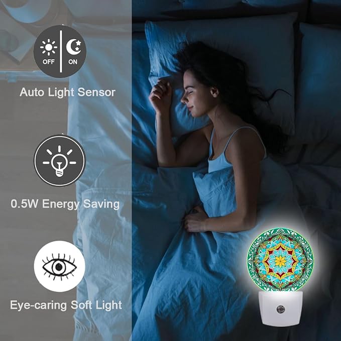 Mandala Flower Plug in Night Light Auto Light Round Lamps Energy Saving Gift for Women Men Friends