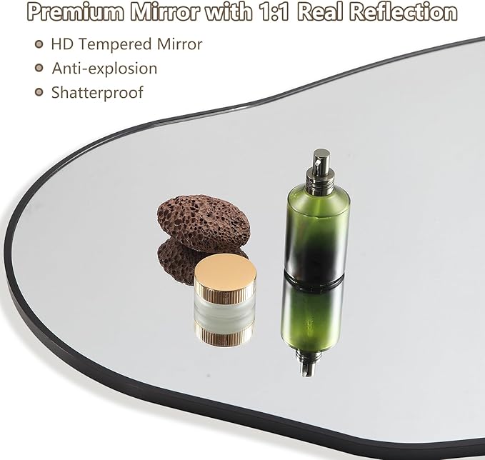Mirrorons Irregular Wall Mirror 63×24, Black Asymmetrical Bathroom Mirror, Oval Aesthetic Mirror, Full Length Mirrors, Shatterproof Black Bathroom Mirrors
