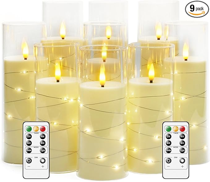 kakoya Flameless LED Candles with Timer 9 Pc Flickering Flameless Candles for Romantic Ambiance and Home Decoration Stable Acrylic Shell,with Embedded Star String，Battery Operated Candles（Ivory）