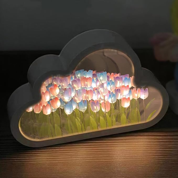 LOGAZOO (20 Flower) Tulip Lamp Night Light with Mirror, Assembled Artificial Flower Lamp Table Light Bedroom Decoration Gift for Women Girlfriend Sisters Desk Table Decor, Cloud Design (Multicolor)
