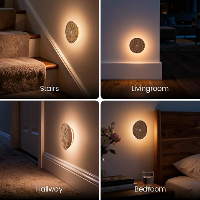 Flower Motion Sensor Night Light, Carved Wooden Flower Wall Lamp, Backlight LED Light, Rechargeable & Stick-On Magnetic Mount for Indoor Decor, Living Room, Bedroom, Stairs (Round Ash Wood *1Pack)