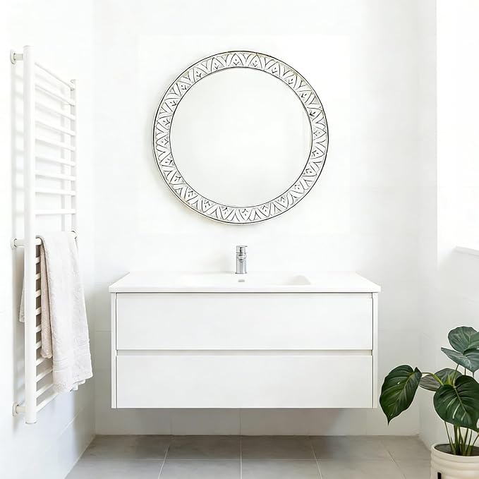 20" Rustic Distressed Wooden Round Mirror Wall Mounted for Bathroom Bedroom Living Room