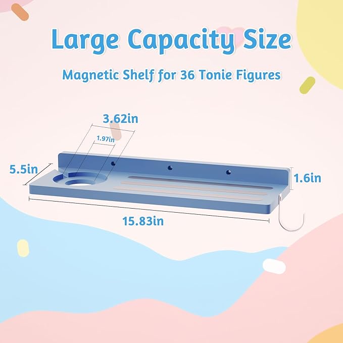 for Tonies Shelf Magnetic - Tonies Figure Organizer for Kids Room, Wooden Magnetic Display Shelf for Tonies Box Holder, Wall Floating Shelves Toy Storage Compatible Charging Station (1 Tier, Blue)