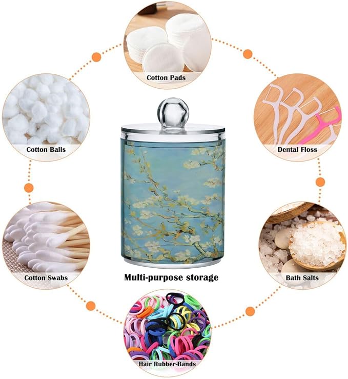 Qtip Holder Dispenser for Cotton Ball, Cotton Swab, Cotton Round Pads Clear Plastic Apothecary Van Gogh Almond Blossom Jar Set for Bathroom Canister Storage Organization, Vanity Makeup Organizer
