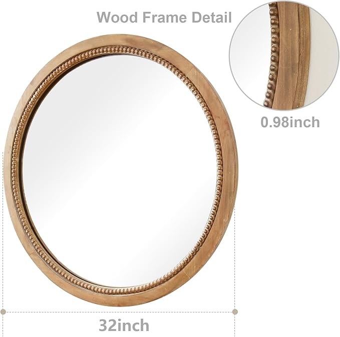 sawsile Round Wood Mirror,32 inch Circle Rustic Farmhouse Natural Wooden Frame Boho Beads Wall Mirror for Bathroom,Living Room,Bedroom or Entryway
