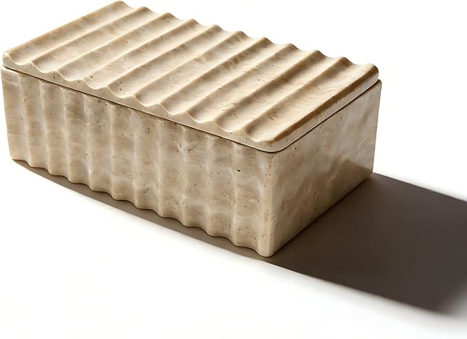 Natural Stone Storage Box with Wave Pattern, Decorative Organizer for Makeup, Jewelry, Perfume, Bathroom Vanity (Beige)