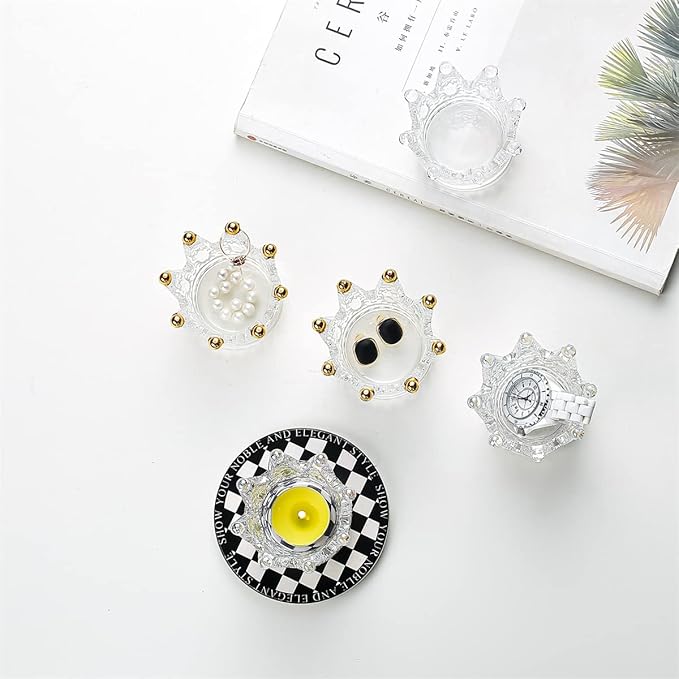 Crystal Glass Candle Holder Sets Crown Shaped for Tealight Candles, Beauty Makeup Blenders and Sponges Storage Rack, Jewelry Watch Organizer, Nail Art Dappen Dish, Wedding Christmas Home Decor