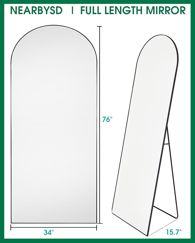 NEARBYSD Oversized Full Body Mirror with Stand, Arched Full Length Mirror, 76" x 34", Hanging or Leaning, Wall Mounted with Aluminum (Black)