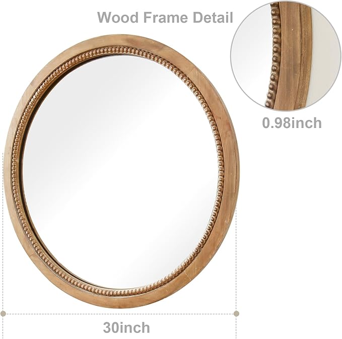 sawsile Round Wood Mirror,30 inch Circle Rustic Farmhouse Natural Wooden Frame Boho Beads Wall Mirror for Bathroom,Living Room,Bedroom or Entryway