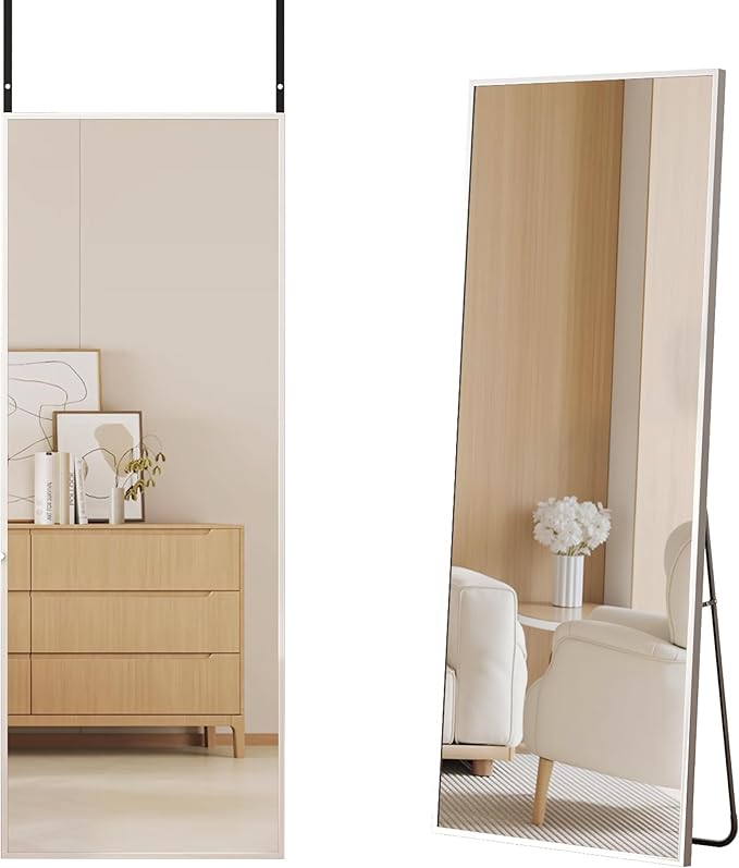Antok Over The Door Mirror Full Length, 49'' x 14''Wall Mounted Hanging Mirror, Aluminum Alloy Frame, Shatterproof Glass, No Drill Installation for Bedroom, Closet, Bathroom, Dorm, Rect Corner,White