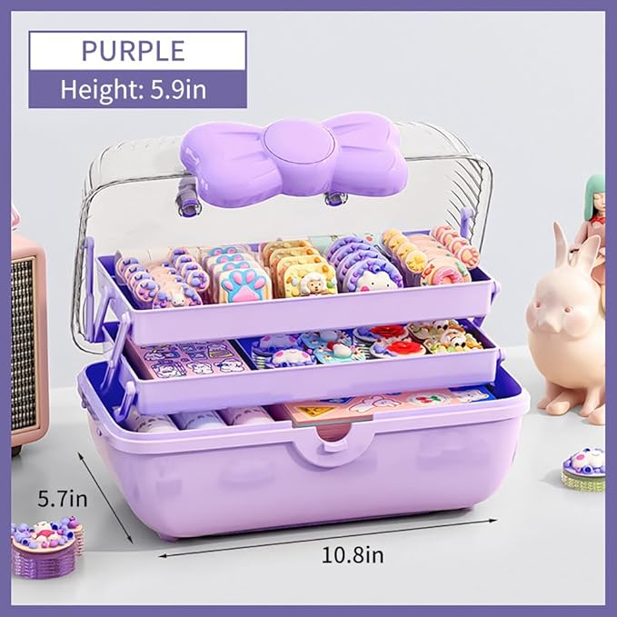 3-Layer Kids Hair Accessories Organizer with Bowknot Lock Cute Jewelry Box Headband Hair Tie Clip Organizer Box for Little Girls - Purple